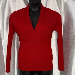 INC International Concepts Deep V Neck Red Ribbed Fitted Rayon Acrylic Women’s L